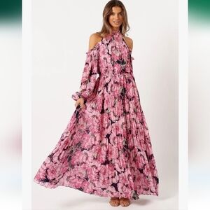 Petal & Pup Floral Pink Maxi Dress Pleated Cold Shoulder Balloon Sleeve NWT XL